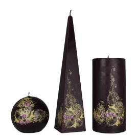 Kaarsen set aubergine met goudkleurige applicatie